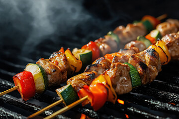 Three skewers of meat and vegetables are being cooked on a grill