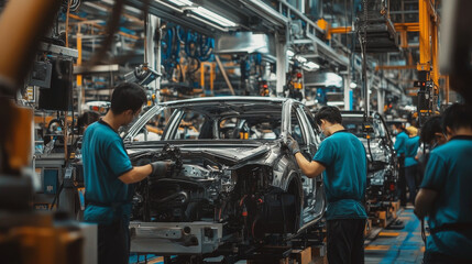 Workers in a car factory assembling vehicles
