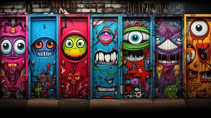 Fototapeta premium Alien cartoon face graffiti on wall design, funny face and alien things,