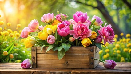Vibrant pink peonies and yellow tulips overflow from a distressed wooden planter, surrounded by lush greenery, against a soft, warm, and sunny outdoor backdrop.