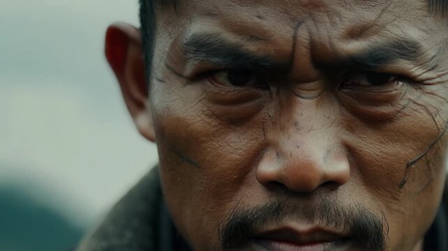 Extreme closeup of a samurais face revealing every crease and wrinkle from years of service.