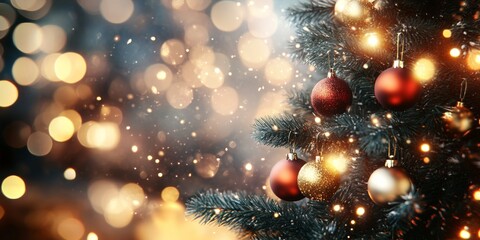 Mesmerizing Christmas Tree Adorned with Red and Gold Ornaments, Set against a Blurred Bokeh Light Background for a Festive Season.