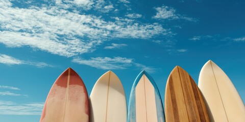 The tops of surfboards leaning together against a blue sky