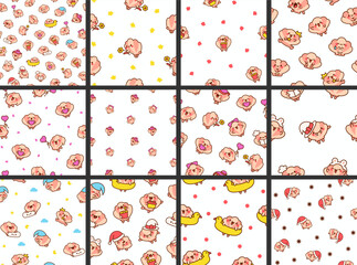 Cute seashell with smiling face. Seamless pattern. Kawaii cartoon character. Hand drawn style. Vector drawing. Collection of design ornaments.