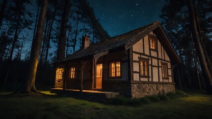 Obraz premium Old cottage in the middle of forest night with a lake nearby, starry full moon night landscape