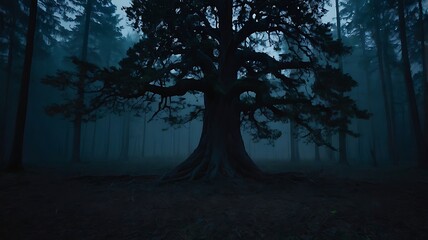 Naklejka premium Mystical landscape of a forest with a unique lonely tree, dark themed fantasy illustration