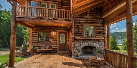 Modern wooden house in the middle of green forest with tall trees, environment friendly house part of nature