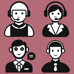 Customer service editable stroke and solid web icon set. Vector illustration. Online Call Center Agent in Headset Pictogram.
