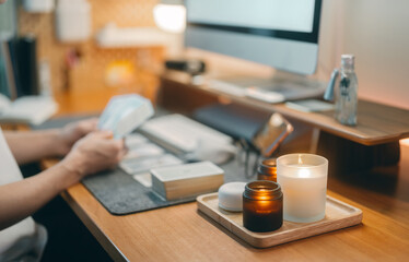 Focus on table with fragrance candle ritual ambient online fortune telling tarot card service