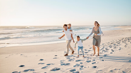 Beach, sunset and family with children on sand for outdoor adventure, holiday and weekend trip....