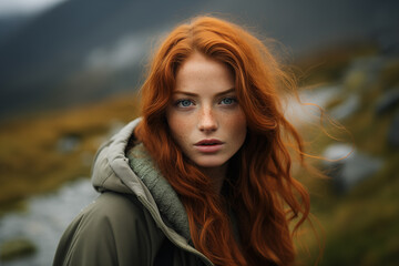Fototapeta premium Close-up photo of a girl with green eyes and freckles on her face in the mountains