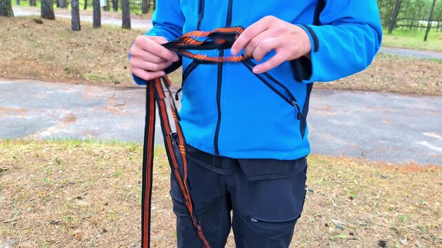Preparing harness system used for safe hiking, mountain gear equipment