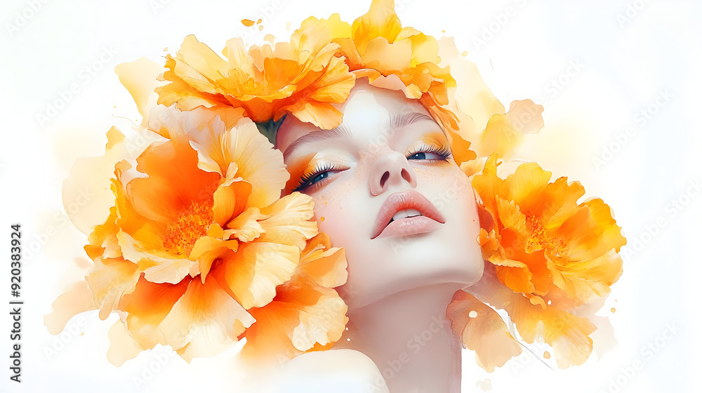 Wall mural A stylized portrait of a woman adorned with vibrant orange flowers.