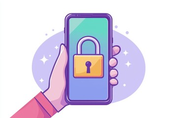 Online privacy, hand holding lock over smartphone, flat design illustration,copy space, focus cover all object, deep dept of field