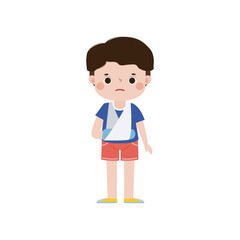 kid injured with broken arm in gypsum. cute cartoon disabled character broken arm in plaster. isolated on white background Vector illustration