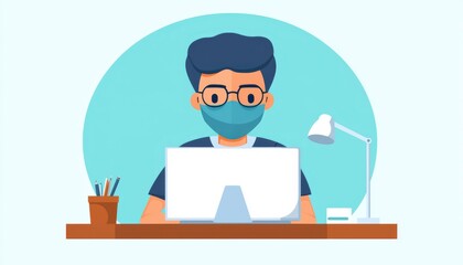 Anonymous internet usage, masked figure on computer, flat design illustration,copy space, focus cover all object, deep dept of field