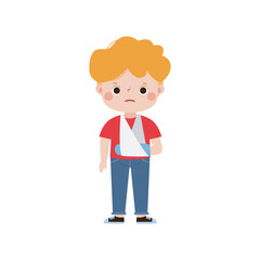 kid injured with broken arm in gypsum. cute cartoon disabled character broken arm in plaster. isolated on white background Vector illustration