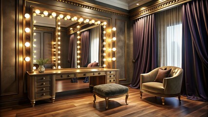 Glamorous Hollywood-style dressing room with a ornate gold-framed mirror, dimmed lights, and luxurious velvet drapes, evoking old-school glamour and celebrity sophistication.