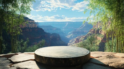 Fototapeta premium 240804 166. Grand canyon vista with dramatic rock formations, carved stone pillar centered and low in frame, cylindrical stand podium for displaying the product on any background in any environment,