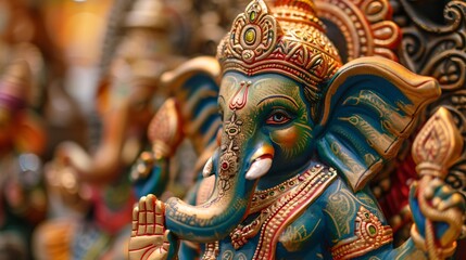 Fototapeta premium Close-Up of a Colorful Lord Ganesha Idol with Intricate Details and Decorations
