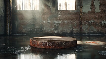 240804 205. Upcycled product environment, cylindrical stand podium for displaying the product on any background in any environment, reclaimed wood pallet platform floating on oil-slicked water,