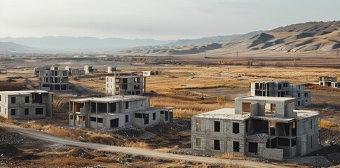 Obraz premium Unfinished homes stand starkly against a barren landscape, highlighting the contrast between human construction and the desolate surroundings.
