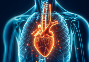 An X-ray image shows a red human heart inside a chest. The concept highlights medical diagnostics and the importance of heart health. Generative AI.