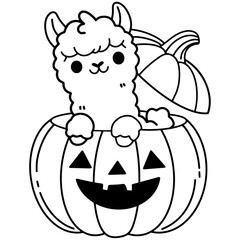 Adorable Alpaca Halloween Illustration Set with Cute Costumes including Ghost, Witch, Bat, and Pumpkin Characters in Vector Format