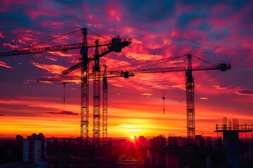 Fototapeta premium Stunning Sunset Over Construction Cranes Silhouetted Against a Colorful Sky