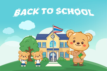 Cute little bear student cartoon characters, wearing student uniform in back to school. illustration vector premium.