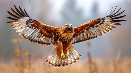 Obraz premium A majestic eagle caught in motion with its wings fully extended, gliding effortlessly through the wilderness sky.