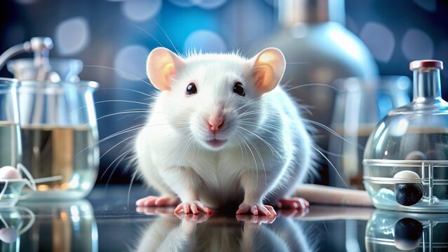 Adorable white rat with bright beady eyes and twitching whiskers curiously explores a clean laboratory environment, surrounded by scientific equipment and instruments.