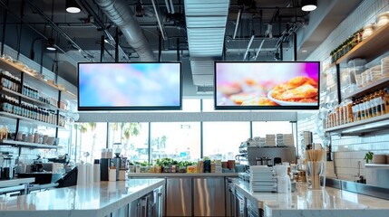 Blank mock up for menu board display screen, for restaurant cafe food business. Warm cozy atmosphere