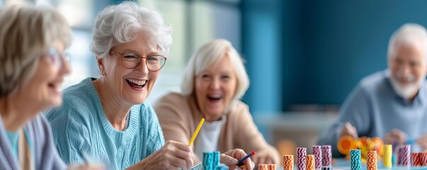 Diverse senior group playing bingo at a community center, enthusiastic expressions, close-up of game cards and markers, social seniors, community engagement concept
