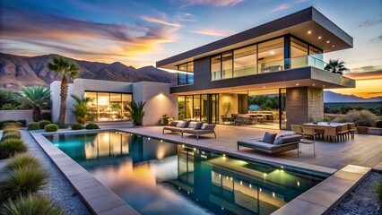 Luxurious modern house with sleek pool and lounge area, situated in a stylized desert landscape, evoking the glamour and sophistication of Las Vegas living.