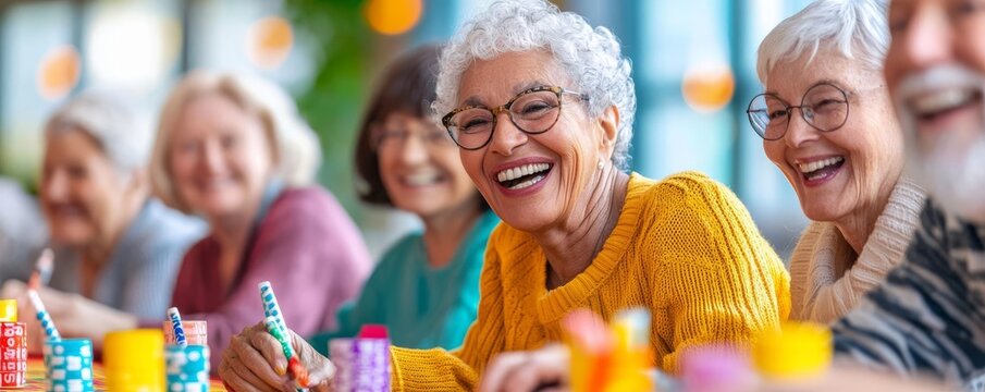Diverse senior group playing bingo at a community center, enthusiastic expressions, close-up of game cards and markers, social seniors, community engagement concept