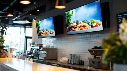 Blank mock up for menu board display screen, for restaurant cafe food business. Warm cozy atmosphere