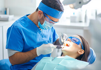 Dentist in blue uniform provides dental treatment to female patient with eye protection in modern clinic