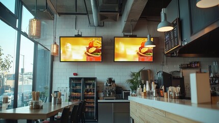 Blank mock up for menu board display screen, for restaurant cafe food business. Warm cozy atmosphere