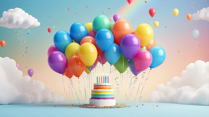 playful birthday party scene with a radiant rainbow arching over a cascade of colorful balloons. The balloons have a metallic sheen