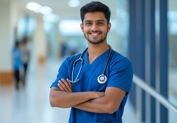 Fototapeta premium Portrait of a handsome young Indian doctor in blue scrubs smiling in a hospital lobby