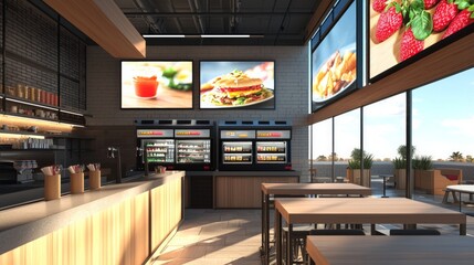 Blank mock up for menu board display screen, for restaurant cafe food business. Warm cozy atmosphere