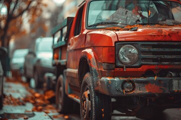Obraz premium Vintage Red Truck Surrounded by Autumn Leaves