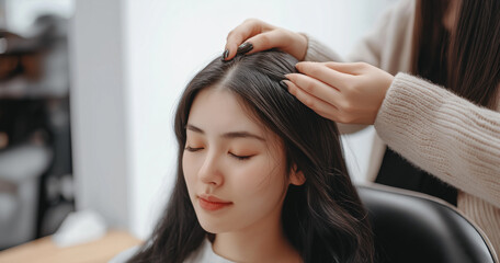 Fototapeta premium Young Chinese woman experiencing hair thinning in a beauty salon while sitting in an armchair with a professional examining her scalp