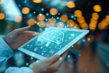 Hands holding a tablet with a digital cloud, icons and bokeh background. Modern technology concept. Perfect for tech-themed websites, blogs, and articles. Generative AI