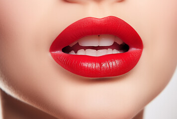 Fototapeta premium Close-up of a woman's red lips with tongue sticking out against a white background in a studio setting