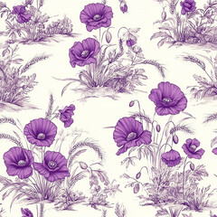 Motif répétitif (seamless pattern) floral avec fleurs de pavots, inspiration champêtre et cottagecore, pour impression textile ou papier, créations graphiques, motif de Jouy antique violet et blanc
