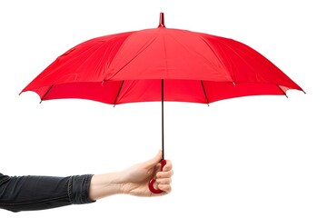 Vibrant Red Umbrella Held Against a White Background