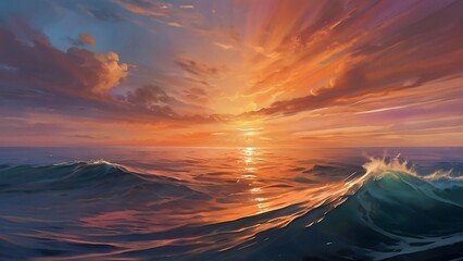 Obraz premium Stunning Sunset Seascape: Illustrative Waves Dancing in the Ocean During Golden Hour