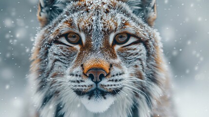 Obraz premium Lynx in a snowy forest with falling snowflakes, captured mid-motion, its sharp eyes focused forward, highlighting its beauty.